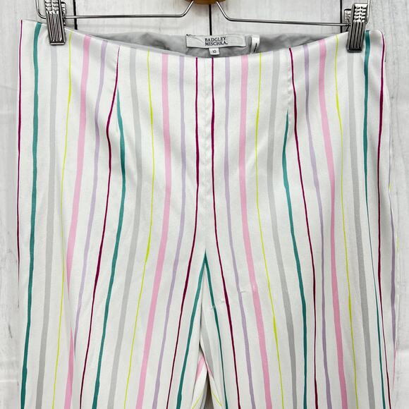 Badgley Mischka US 10 White Pastel Striped Crop Pants High Waist - Picture 4 of 10
